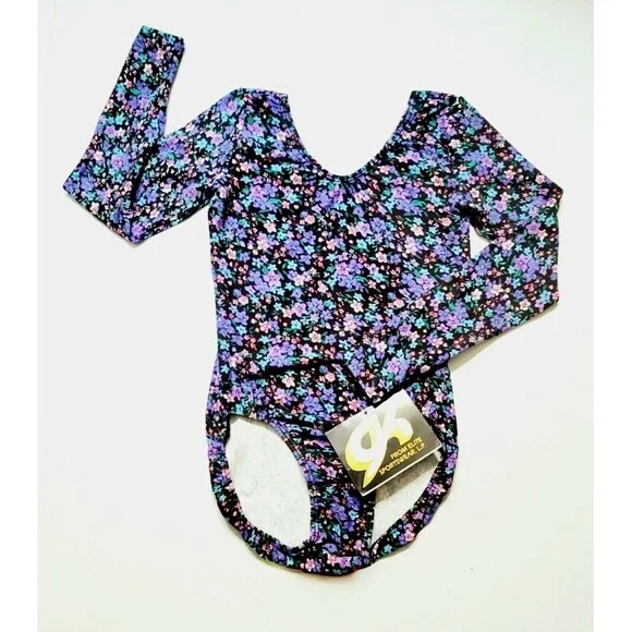 GK Elite VTG Field of Flowers Cotton Blend LS Leotard Bodysuit Purple AS Adult S - Picture 2 of 16